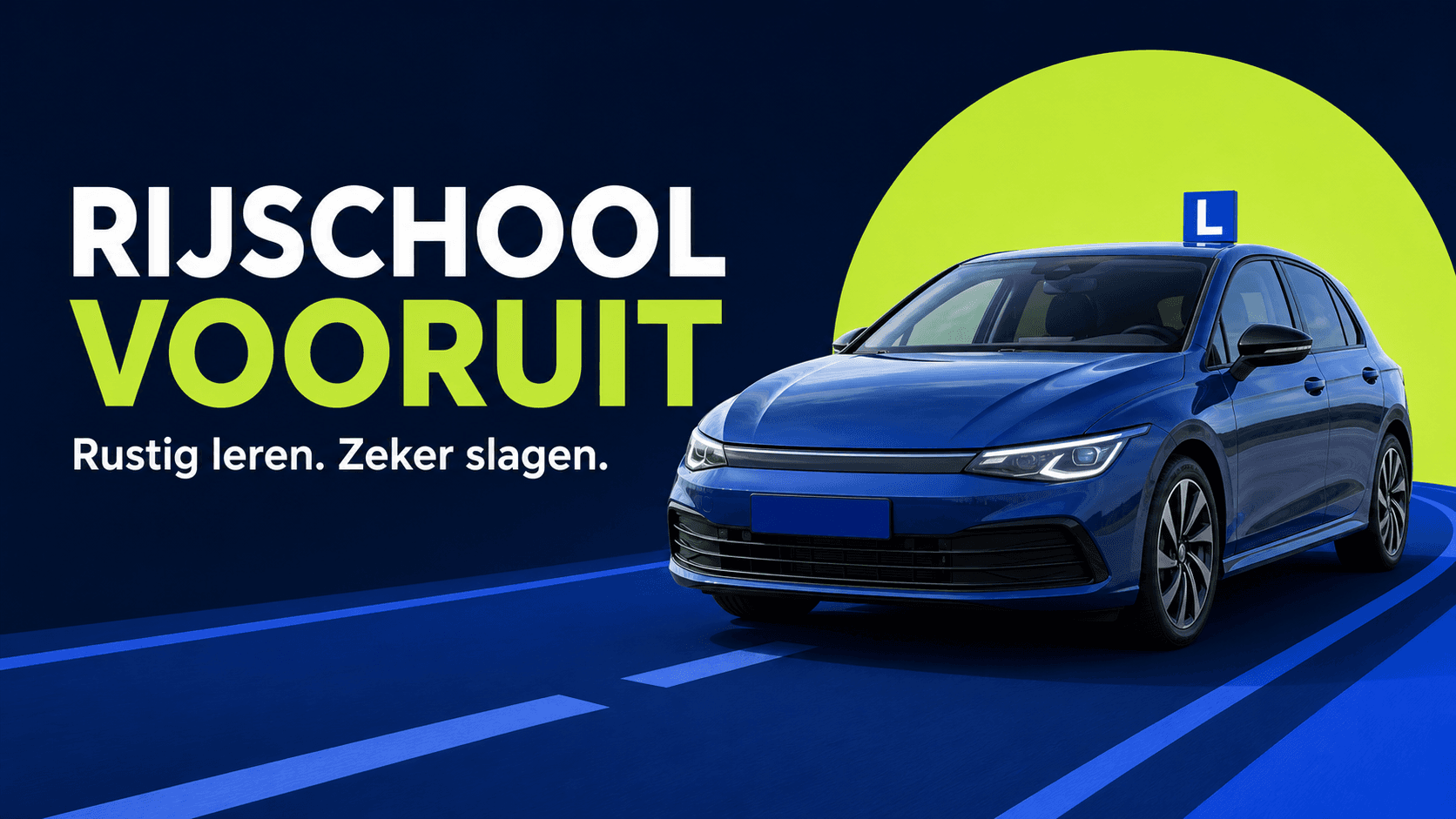 Blauwe lesauto van Rijschool Vooruit